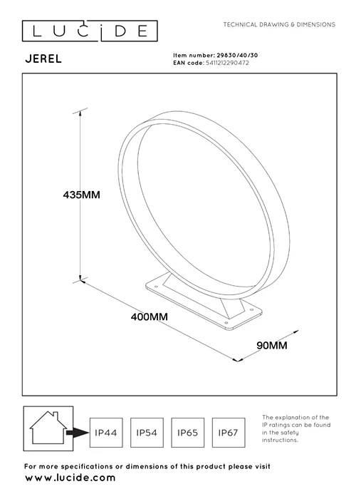 Lucide JEREL - Borne extérieur - Ø 40 cm - LED - 1x5W 3000K - IP54 - Noir - technique